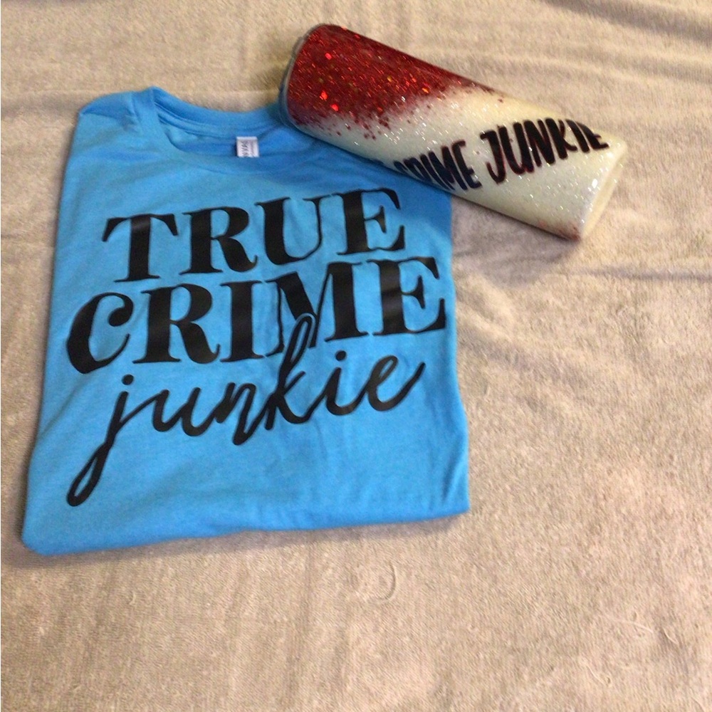 Blue True Crime Junkie Women’s Shirt With True Crime Junkie Tumbler Bundle View 2
